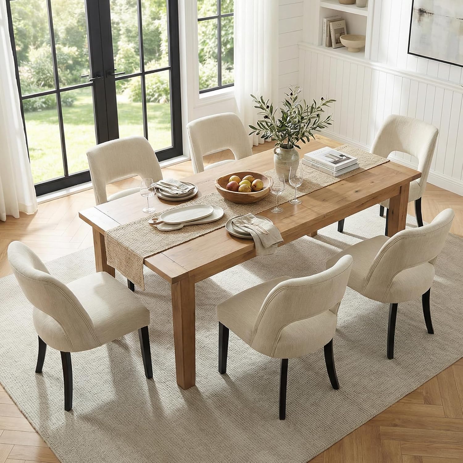 keoni Wooden Dining Chairs Set of 4, Mid Century Modern Upholstered Dining Room Chairs with Black Wood Legs, Fabric Farmhouse Kitchen Chairs with Foot Pegs for Dining Room, Beige
