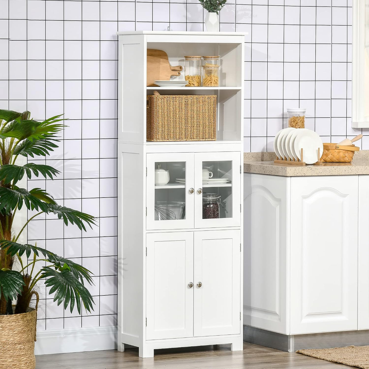 63" Small Buffet with Hutch, 4-Door Kitchen Pantry, Freestanding Storage Cabinet with Adjustable Shelf for Dining Room, Living Room, White,11.75 * 23.5 * 63.75