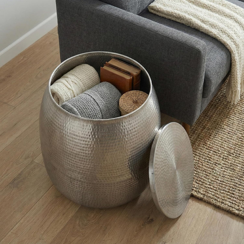 SIMPLIHOME Griffen Metal Storage Accent Table - 19 inch Wide Solid Metal Round Drum Side Table in Antique Nickel, Industrial End Table for Living Room with Hidden Storage Space, Assembled