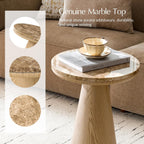 HULALA HOME Nesting End Tables Set of 2, Modern Side Tables with Genuine Marble Top and Oak Veneer Cone-Shaped Base, Sculptural Pedestal Accent Tables for Living Room and Bedroom, Oak