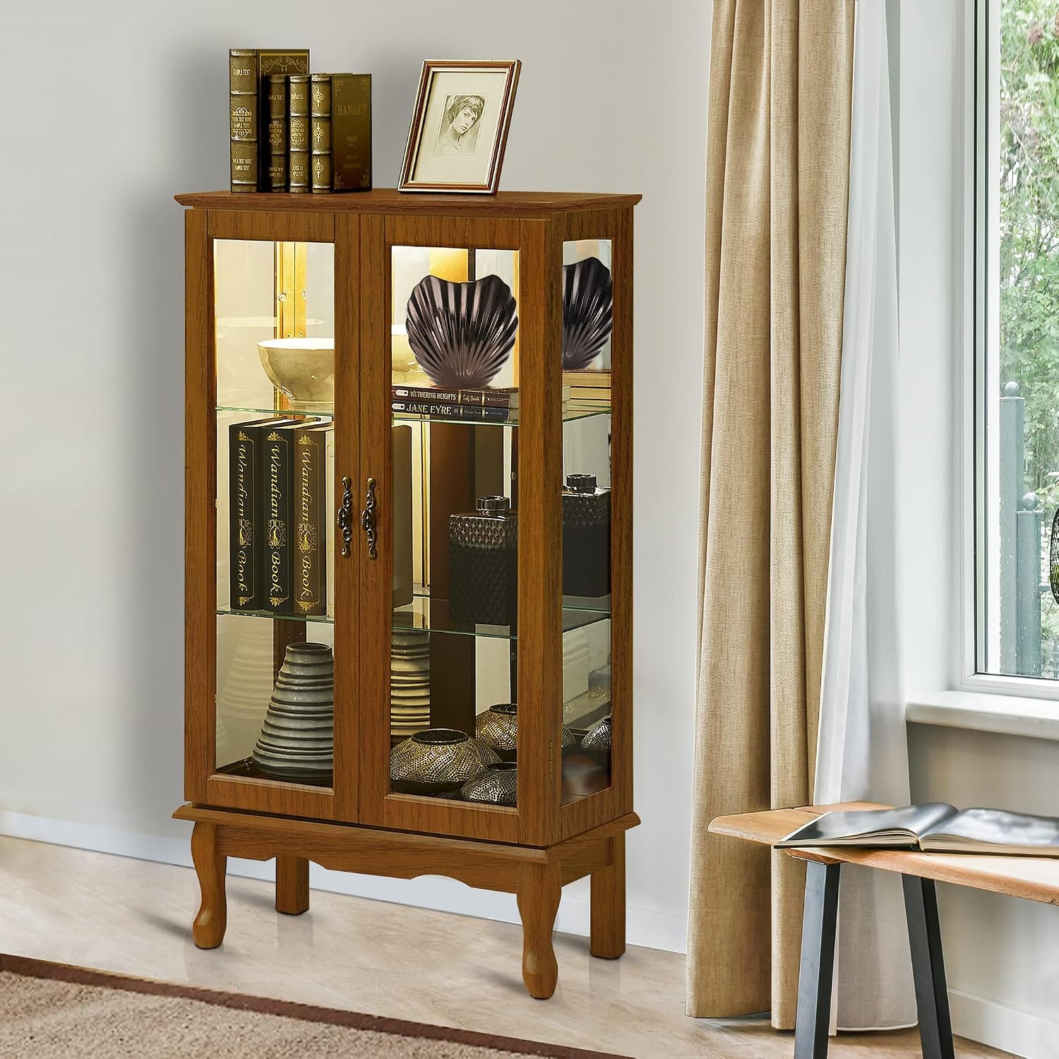 Lighted Curio Cabinet, Modern Floor Standing Glass Curio Cabinet Display Case Cabinet with Adjustable Shelves, Mirrored Back Panel and Tempered Glass Doors for Home/Office (Oak)