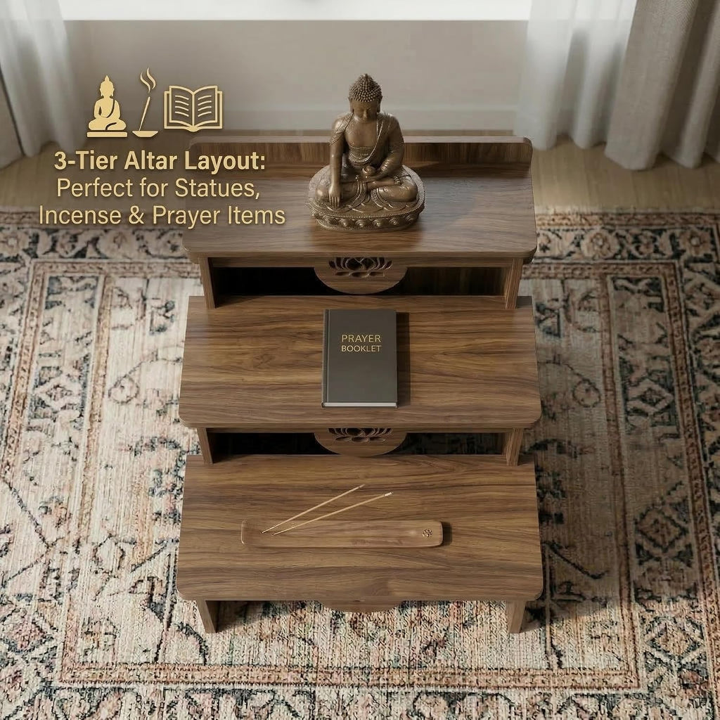 3-Tier Buddhist Altar Table for Prayer & Meditation, Zen Style Wooden Shrine Cabinet with Storage Drawer, MDF Melamine Home Worship Table 23.2 x 24.4 x 26.8 in (59 x 62 x 68 cm) (Walnut)
