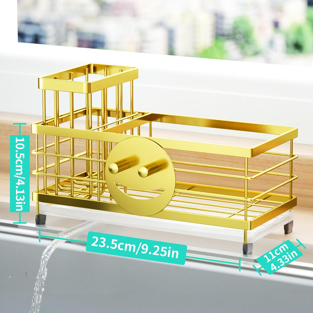 HapiRm Sink Caddy Sponge Holder - Self-draining Kitchen Sink Organizer with Smiley Face and Brush Holder, Stainless Steel Kitchen Organizer for Countertop - Gold
