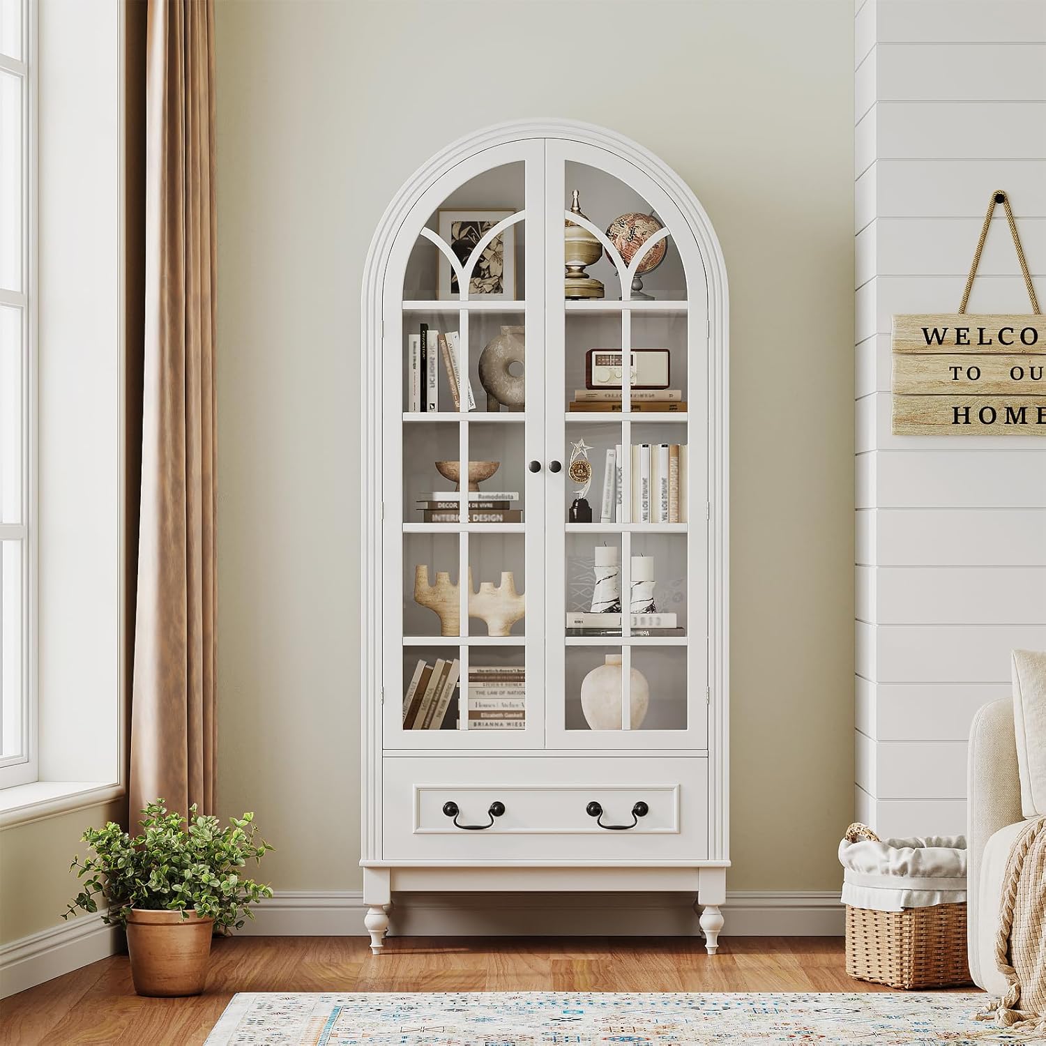 LIVAUVEAD 67" Tall Arched Kitchen Pantry Cabinet with Hidden Drawers & Adjustable Shelves, Bookshelf with Glass Door, Arched Cabinet for Kitchen, Dining Room