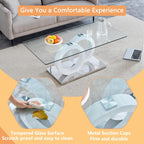 Glass Coffee Table for Living Room, White Modern Rectangular Center Table, 47” Living Room Table with Clear Tempered Glass Top with MDF OO Legs and Silver Metal Base (White, 47.2 inches)
