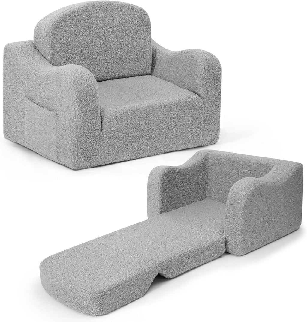 Airpanda Cozy Kids Sofa Chair, 2-in-1 Fold-Out Kids Couch for 3-7 Years Old Girls and Boys, Convertible Soft Children's Sofa, Removable Washable Cover,Light Grey