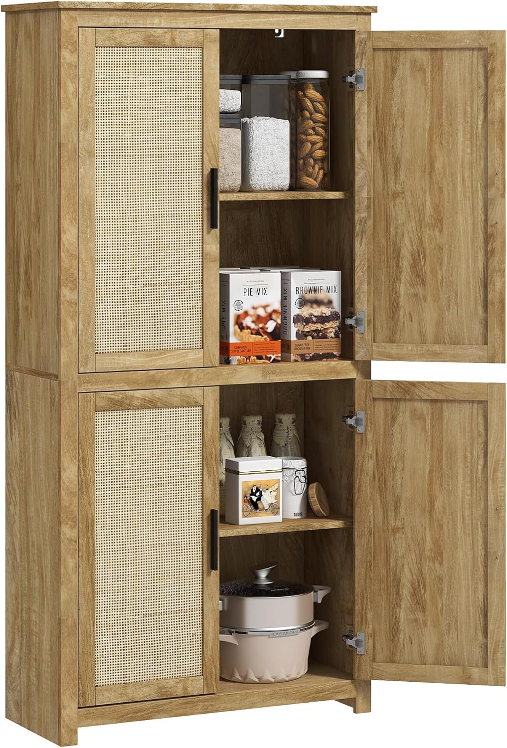 72" Tall Kitchen Pantry Storage Cabinet, Freestanding Buffet with 4 Rattan & Adjustable Shelves, Utility Cupboard Large Sideboard for Kitchen, Dining Room, Natural