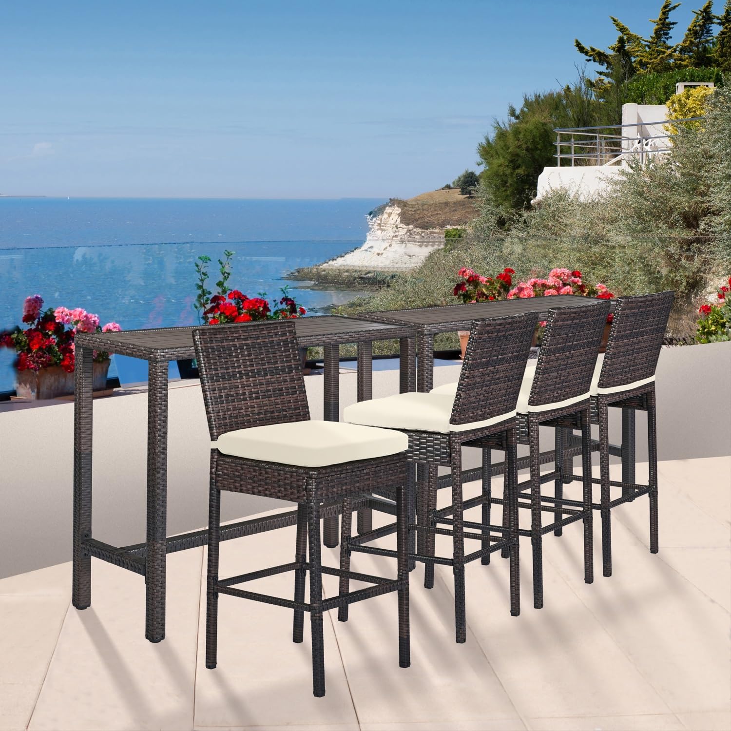 Outdoor Bar Table Patio Counter Height Table 45" Long Wicker High Top Pub Table Tall Console Table Rectangle Narrow with Adjustable Feet for Hot Tub Balcony Garden Outside Pool Deck Backyard Brown