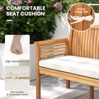 COSTWAY Wooden Outdoor Bench with White Cushion, Garden Bench with Curved Armrest & Slatted Back for Patio, Park & Porch, 23”x 62.5”x30.5”