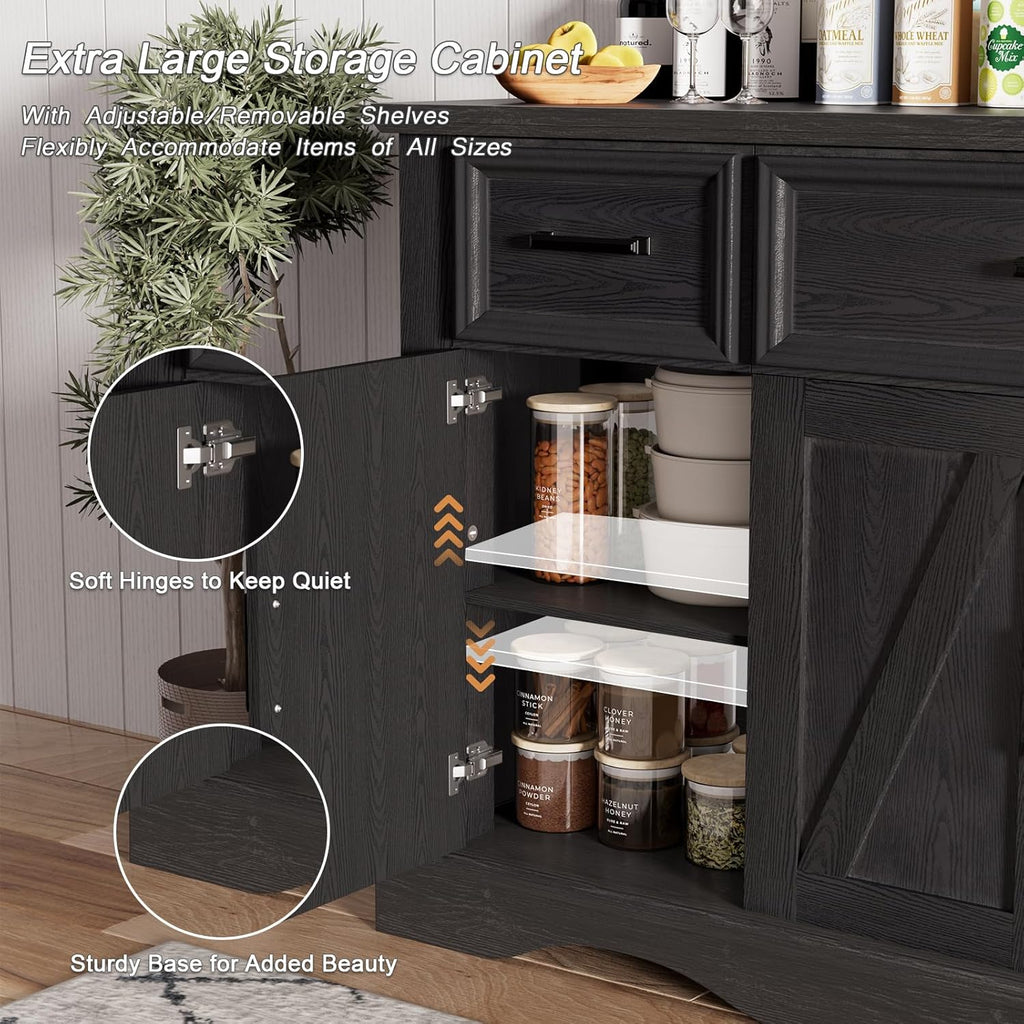 56" Buffet Cabinet Sideboard with Storage: Built-in Charging Station, Farmhouse Wood Coffee Wine Bar, Furniture with Drawers and Doors for Kitchen, Dining Room, Living Room, Black