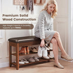 LBT Shoe Bench with Storage, Solid Rubberwood Shoe Rack Bench for Entryway, Adjustable 6.3" Shelf Fits High-Top Shoes & Boots, Hidden Storage Compartment, Cushion Seat, Stay-Open Hinge, Walnut