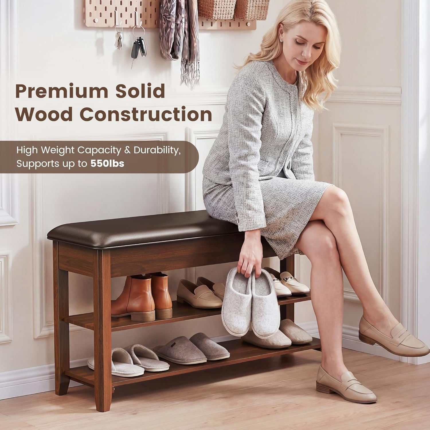 LBT Shoe Bench with Storage, Solid Rubberwood Shoe Rack Bench for Entryway, Adjustable 6.3" Shelf Fits High-Top Shoes & Boots, Hidden Storage Compartment, Cushion Seat, Stay-Open Hinge, Walnut