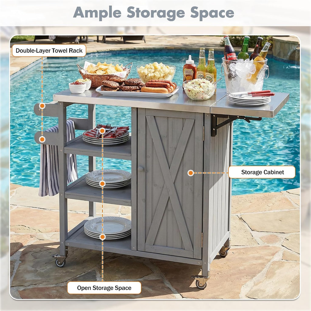 40 Sturdy Fir Wood Garden Table for Planting, Planter Bench with Foldable Top, Outdoor Storage Cabinets with Lockable Wheels for Patio Cooking, Grey