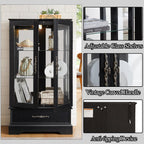 3-Tier Lighted Glass Curio Display Cabinet, 47" H Glass Storage Cabinet with Adjustable Shelves & 1 Drawer, Wooden Wine Accent Display Case with Mirrored Back Panel for Living Room (Black)