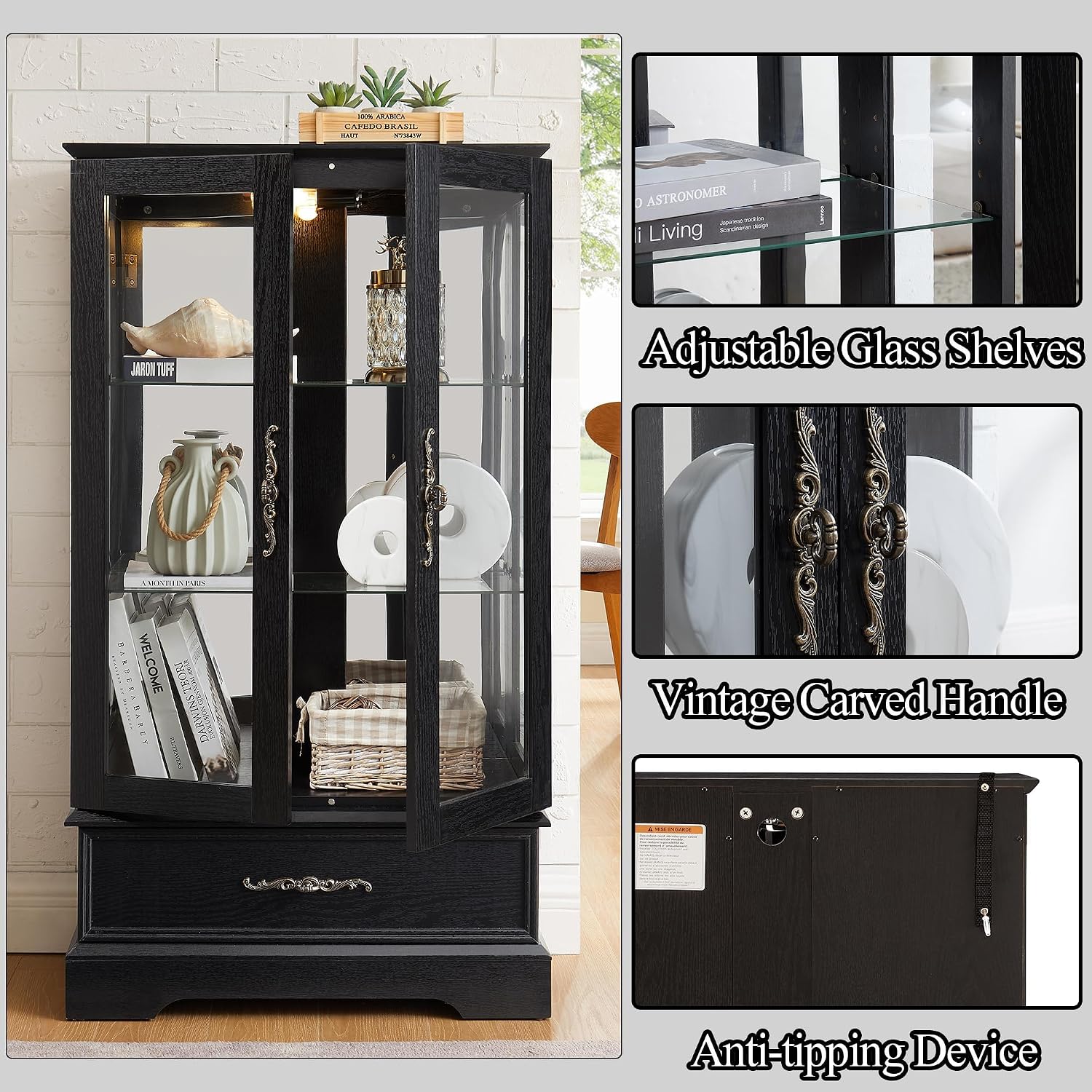 3-Tier Lighted Glass Curio Display Cabinet, 47" H Glass Storage Cabinet with Adjustable Shelves & 1 Drawer, Wooden Wine Accent Display Case with Mirrored Back Panel for Living Room (Black)