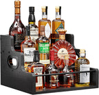 KLM Liquor Bottle Display Shelf, Coffee Syrup Rack Organizer, 3 Step Countertop Liquor Wine Rack, Mini bar,Liquor Cabinet, Home Retro Bar Shelf Stand for Liquor Whiskey, Spirits（Black）