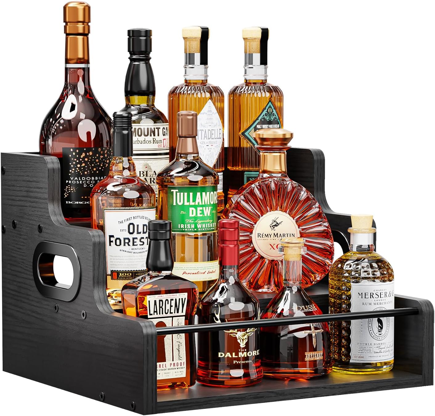 KLM Liquor Bottle Display Shelf, Coffee Syrup Rack Organizer, 3 Step Countertop Liquor Wine Rack, Mini bar,Liquor Cabinet, Home Retro Bar Shelf Stand for Liquor Whiskey, Spirits（Black）