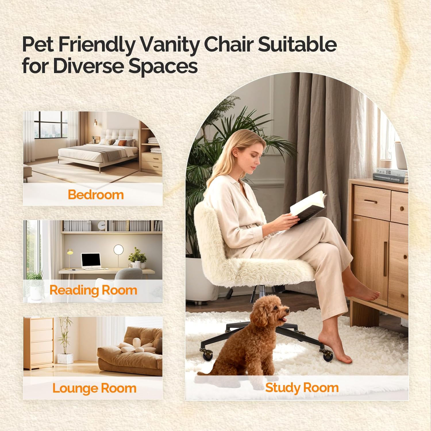 VINGLI Plush Upholstery Vanity Desk Chair with Curved Back & 90-102° Tilt &Adjustable Height, Cute Rolling Chair with Bronze Base & Golden-Bronze 360° Swivel Wheels for Makeup &Home Office,White Cream