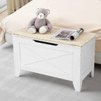 VECELO 30" Storage Chest with Lift Top Storage, Farmhouse Style Ottoman with Handwoven Wicker Cushion, Safety Hinges, Ideal for Entryway, Bedroom, Living Room, Ivory White