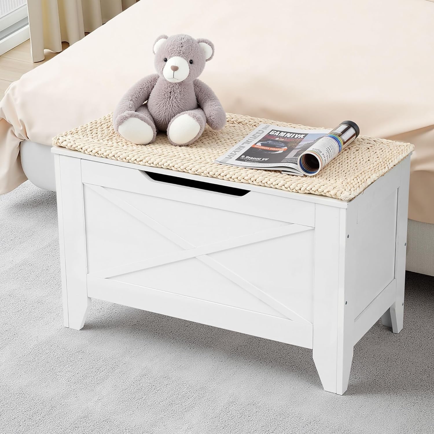 VECELO 30" Storage Chest with Lift Top Storage, Farmhouse Style Ottoman with Handwoven Wicker Cushion, Safety Hinges, Ideal for Entryway, Bedroom, Living Room, Ivory White