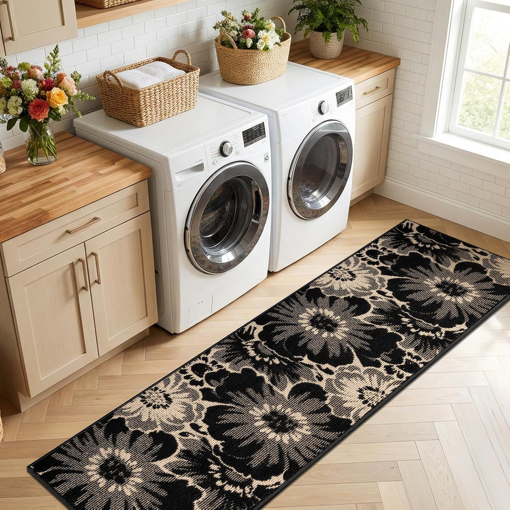 Findosom Hallway Runner Rug 2x8, Non Slip High-Low Textured Floral Washable Runner Rug with Rubber Backing, Boho Carpet Runner for Kitchen, Entryway, Bedroom, Laundry, Black & Beige