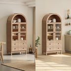 71" Tall Arched Kitchen Pantry, Storage Cabinet with Glass Doors, 2 Large Drawers & 3 Adjustable Shelves, Modern Farmhouse Design for Home Kitchens, Small Homes & Apartments