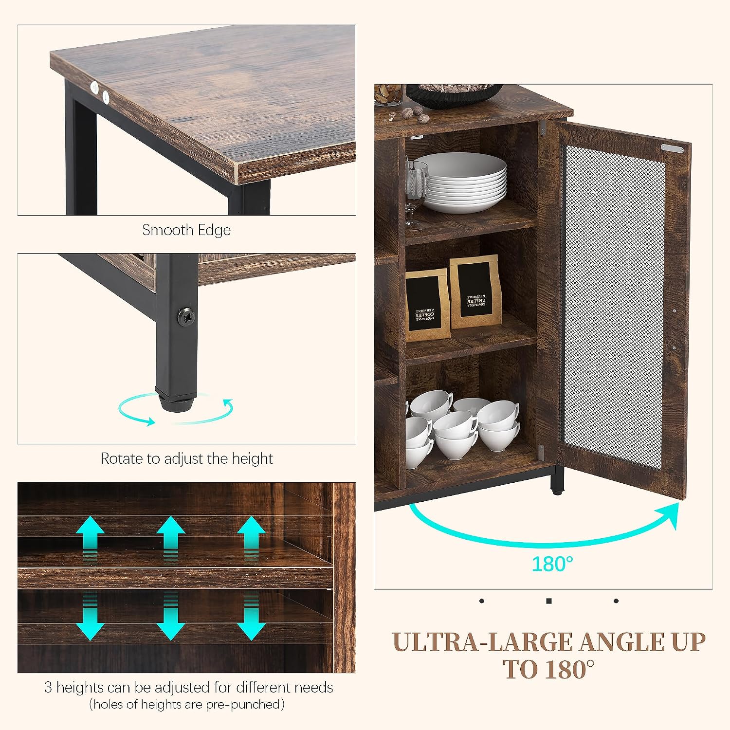 LVSOMT Mini Coffee Bar Cabinet for Home Kitchen, 27.5'' Coffee Stand Station with Adjustable Shelves & Door, Farmhouse Sideboard Buffet for Small Space, Dining Room, Living Room, Industrial Brown