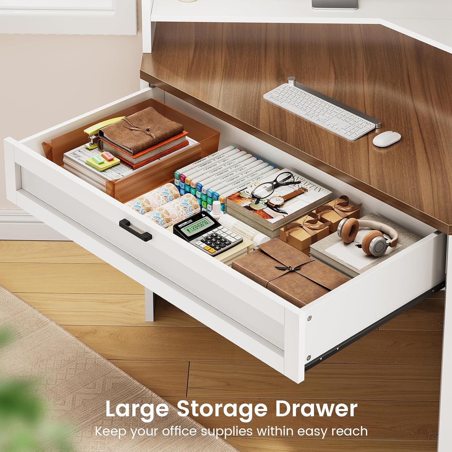 SEDETA 31.5" Corner Desk with Drawers, Small Office Computer Desk with Storage Shelves & Hutch for Small Space, Gaming Desk with LED Lights & Power Strip for Home Office, White + Brown