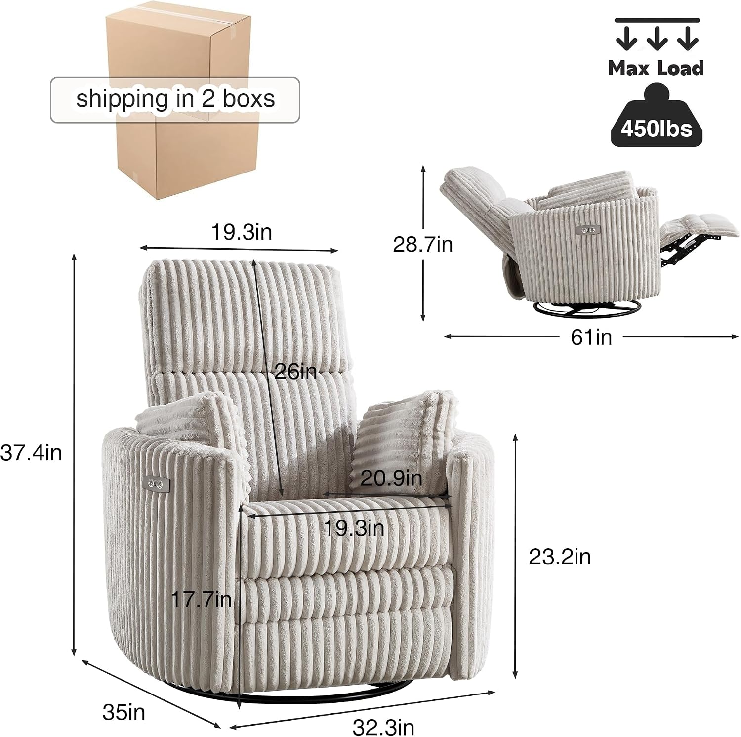 Power Recliner Nursery Swivel Rocking Glider Chair,Upholstered Adult Recliner Nursing Rocker Chair with USB Port with 2 Pillows for Nursery Living Room Bedroom(Lightgrey Corduroy,Power-Driven)