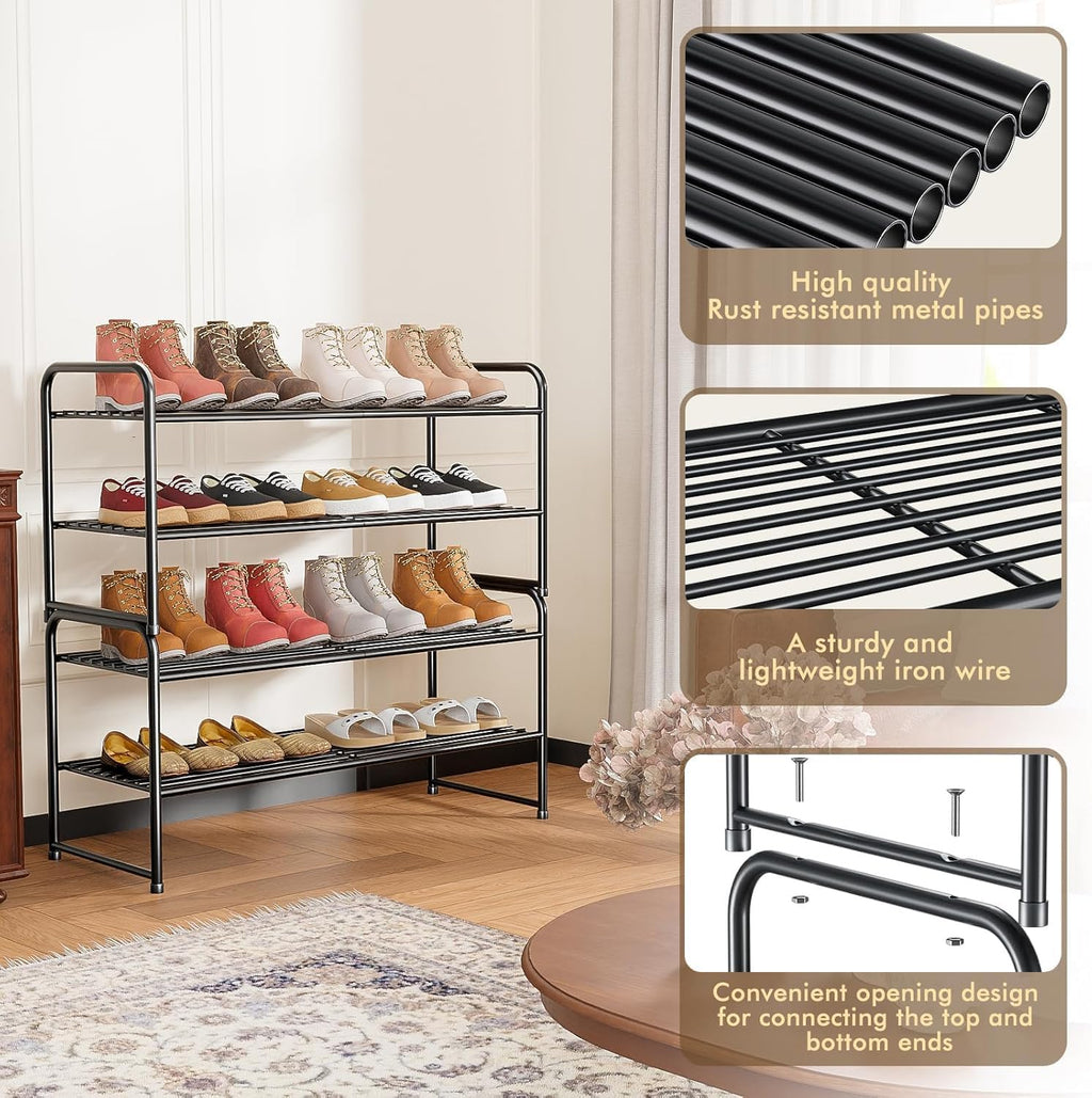 2 Pack Shoe Rack, 2-Tier Metal Stackable Shoe Shelf Storage Organizer, Heavy Duty Wire Shoe Stand for Entryway, Closet, Hallway, Holds 50 LBS, Black