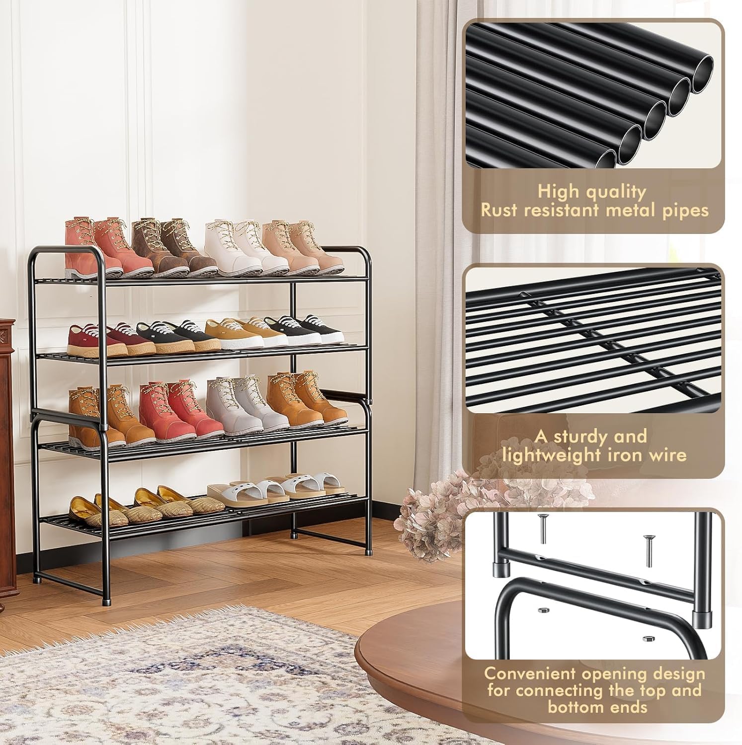 2 Pack Shoe Rack, 2-Tier Metal Stackable Shoe Shelf Storage Organizer, Heavy Duty Wire Shoe Stand for Entryway, Closet, Hallway, Holds 50 LBS, Black
