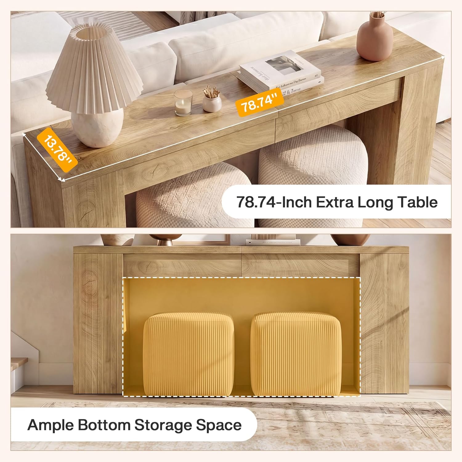 Tribesigns 78.7-Inch Extra Long Console Table for Entryway, Narrow Sofa Table Behind Couch for Living Room, Farmhouse Entrance Entry Table for Foyer with Wooden Double Base, Natural Oak