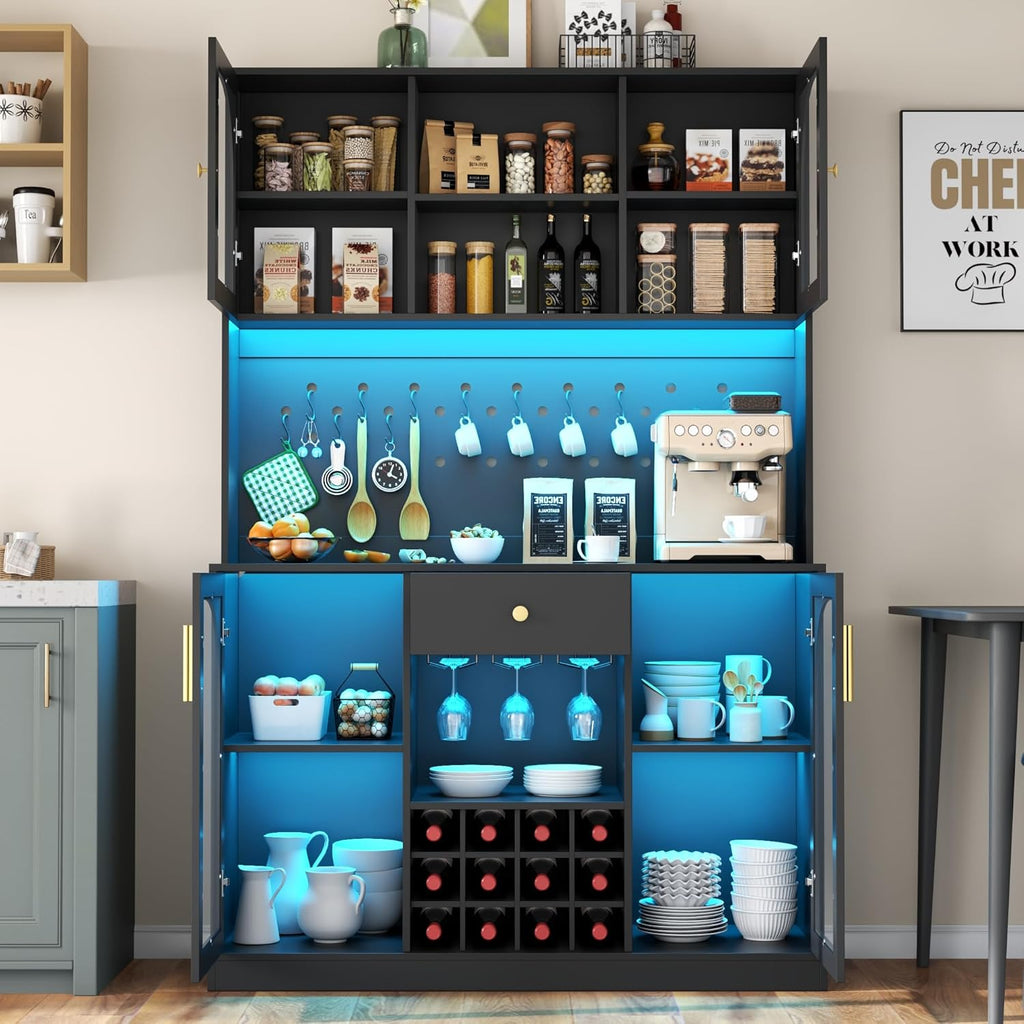 72" Tall Wine Bar Cabinet with LED Lights, Coffee Bar Cabinet with Storage Drawer & Hutch & Pegboard, Modern Liquor Cabinets with 9-grid Wine & Glass Racks,Pantry Cabinet for Kitchen,Living Room,Black