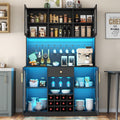 72" Tall Wine Bar Cabinet with LED Lights, Coffee Bar Cabinet with Storage Drawer & Hutch & Pegboard, Modern Liquor Cabinets with 9-grid Wine & Glass Racks,Pantry Cabinet for Kitchen,Living Room,Black