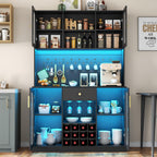 72" Tall Wine Bar Cabinet with LED Lights, Coffee Bar Cabinet with Storage Drawer & Hutch & Pegboard, Modern Liquor Cabinets with 9-grid Wine & Glass Racks,Pantry Cabinet for Kitchen,Living Room,Black