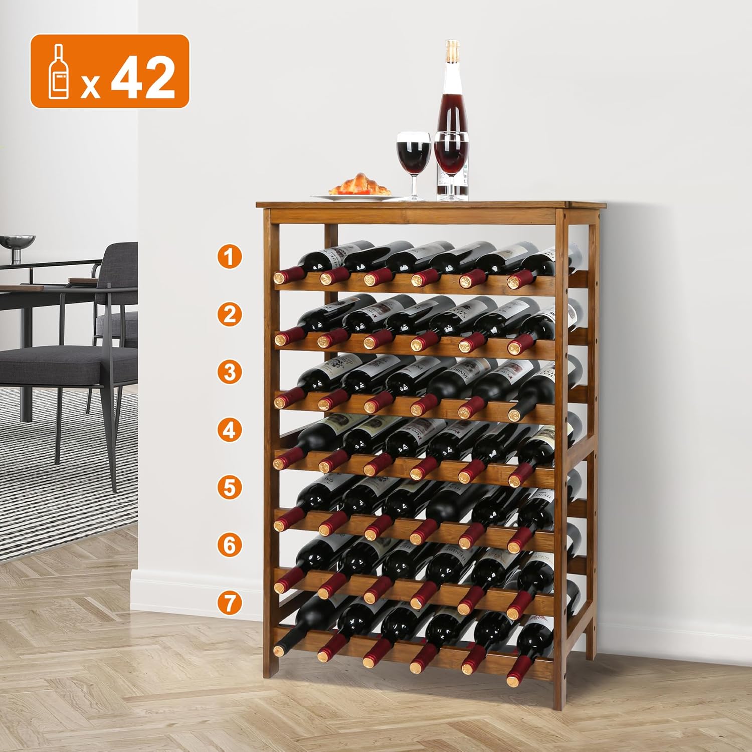 VASMIA 42 Bottles Bamboo Wine Rack,7-Tier Wine Rack Freestanding Floor with Table Top, Wine Storage Shelf for Kitchen Dining Room Bar,Walnut