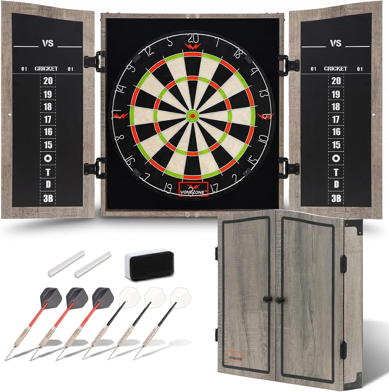 Dartboard Cabinet Set with 18" Bristle Dartboard - Self-Healing Sisal, 6 Steel Tip Darts, Scoreboard & Chalk - All-in-One Game Room Set for Home, Bar, Garage (Gray)