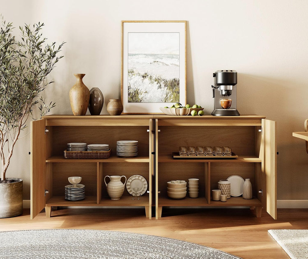 WAMPAT 71" Wide Wood Sideboard Buffet Table with 4 Doors – Large Oak Credenza Storage Cabinet for Dining Room, 2-in-1 Modern Coffee Bar with 6 Compartments for Living Room & Hallway