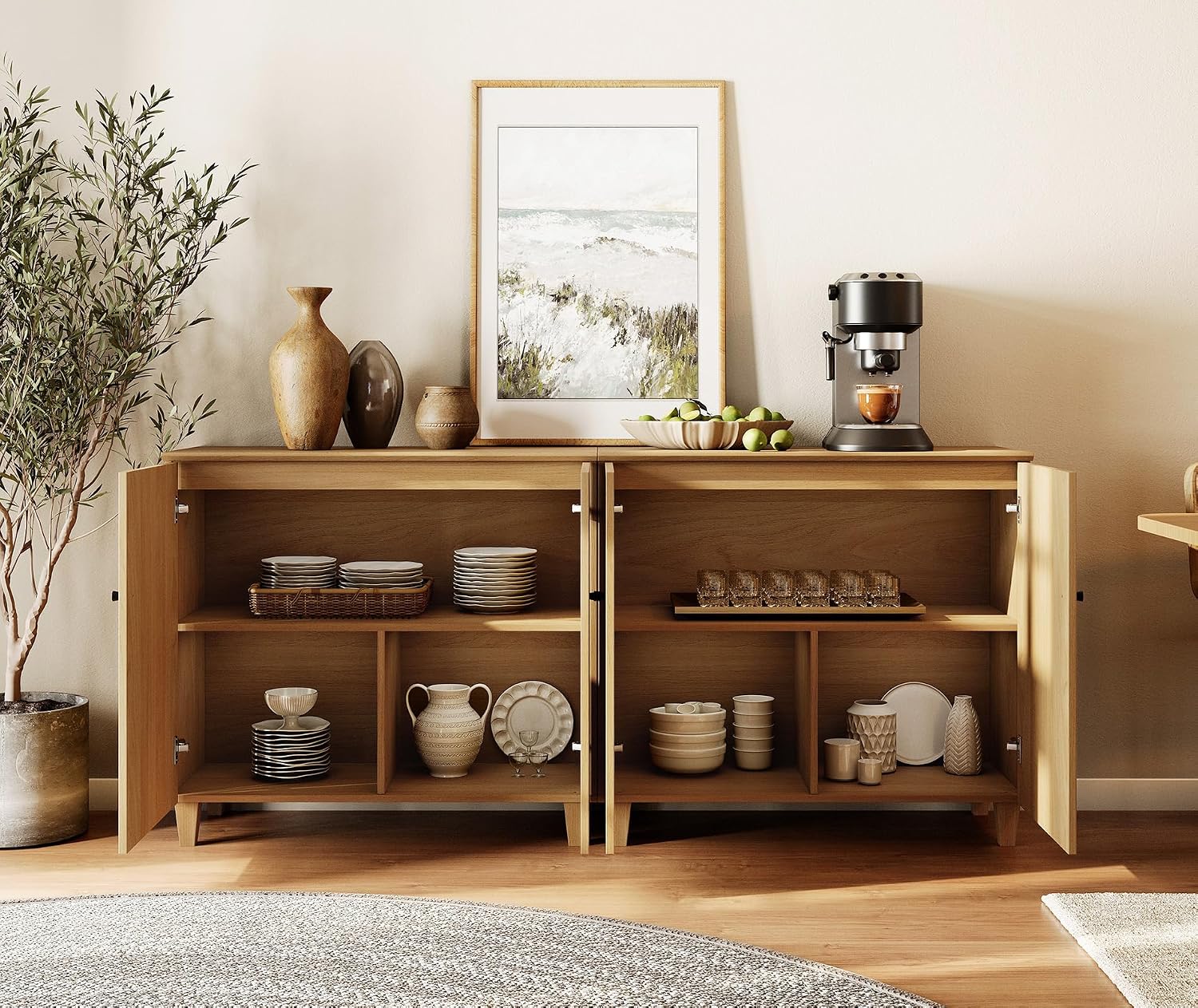 WAMPAT 71" Wide Wood Sideboard Buffet Table with 4 Doors – Large Oak Credenza Storage Cabinet for Dining Room, 2-in-1 Modern Coffee Bar with 6 Compartments for Living Room & Hallway