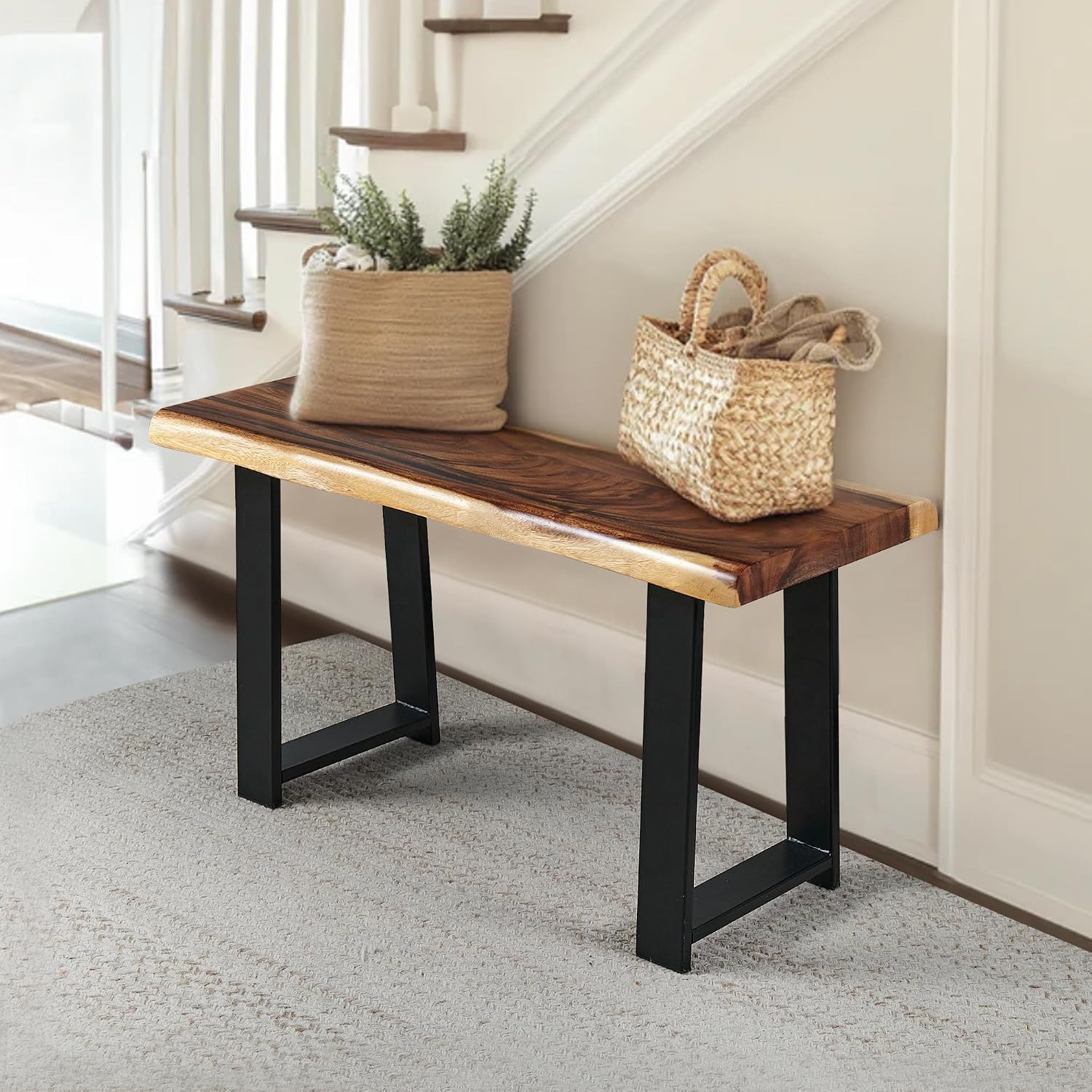 Rustic Live Edge Solid Wood Bench 32" x 14" x 17" Height Handmade Farmhouse Entryway Bench Living Room Dining Room Bedroom Hallway Office Vintage Dark Brown Acacia Accent Bench Seat
