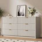 MAISONARIA 6 Drawer Dresser for Bedroom, 55" Wide Modern Chest of Drawers with Gold Metal Handles, Fluted Wood TV Stand for Living Room, Hallway(Beige)