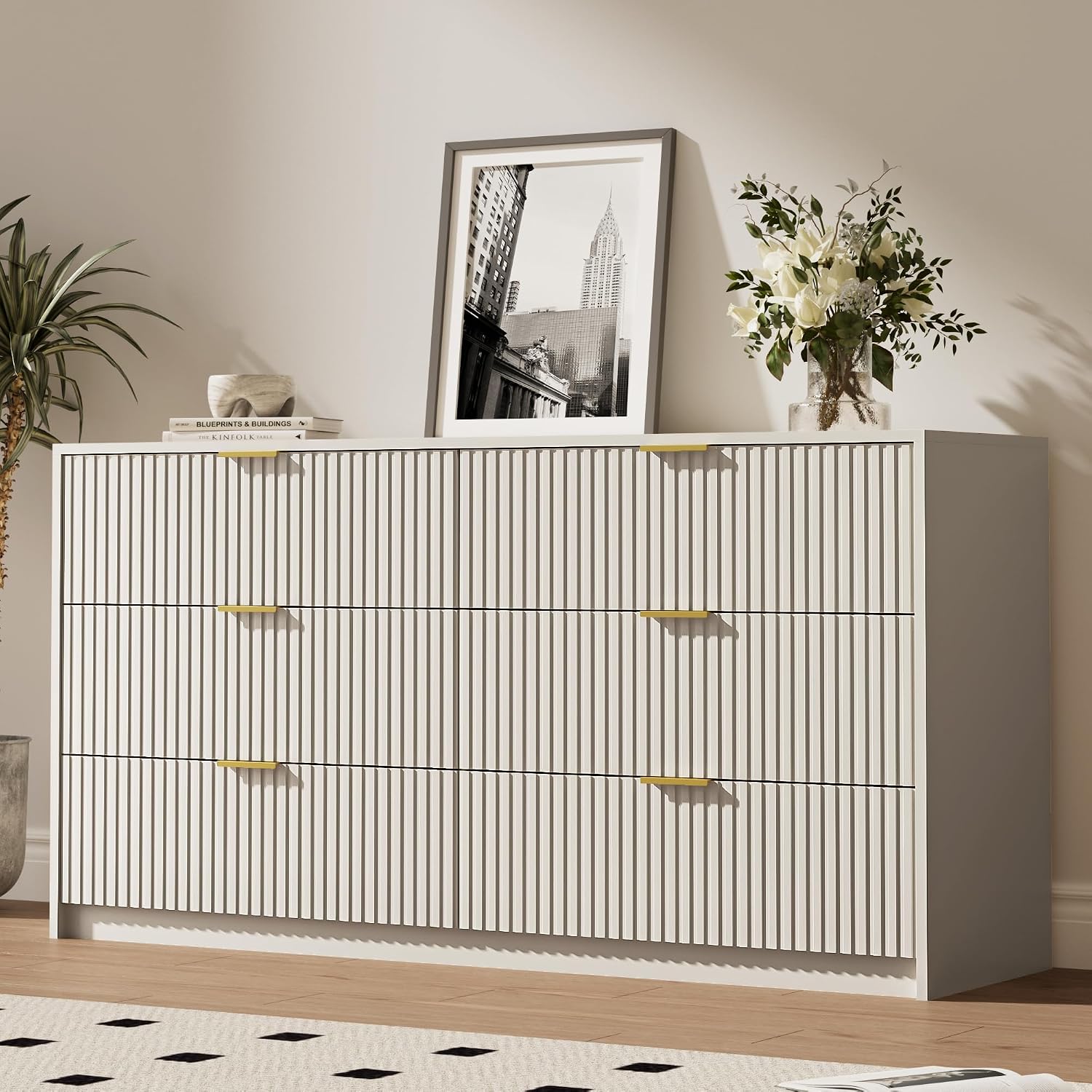 MAISONARIA 6 Drawer Dresser for Bedroom, 55" Wide Modern Chest of Drawers with Gold Metal Handles, Fluted Wood TV Stand for Living Room, Hallway(Beige)