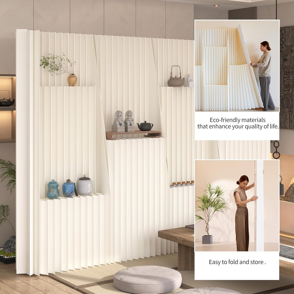 Portable Accordion Paper Room Divider with Storage Shelves, Folding Privacy Screen Partition Wall, Freestanding Room Separator for Office, Studio Apartment, Home, Dorm, Exhibition (13.2'W x 6.6'H)