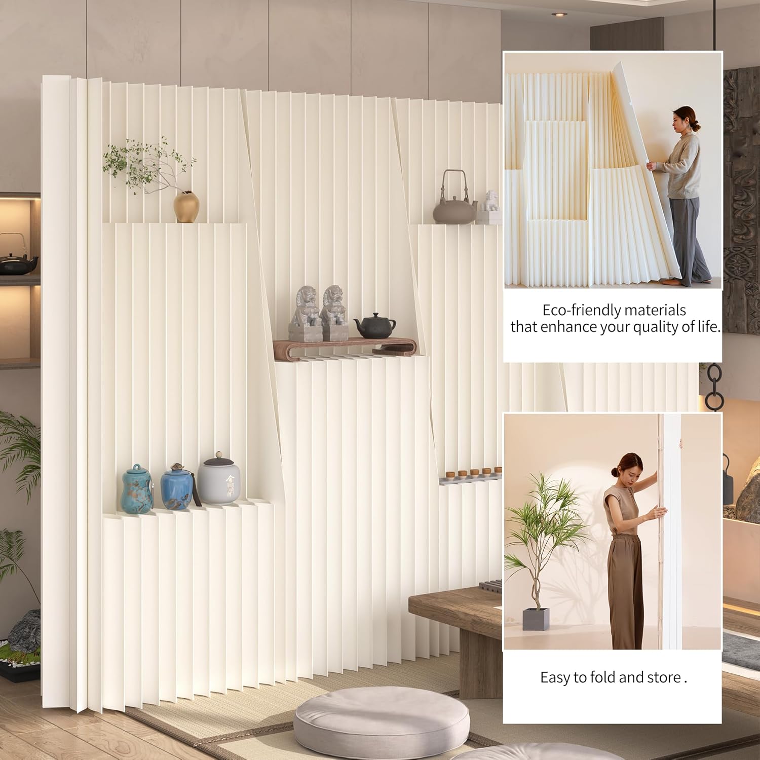 Portable Accordion Paper Room Divider with Storage Shelves, Folding Privacy Screen Partition Wall, Freestanding Room Separator for Office, Studio Apartment, Home, Dorm, Exhibition (13.2'W x 6.6'H)