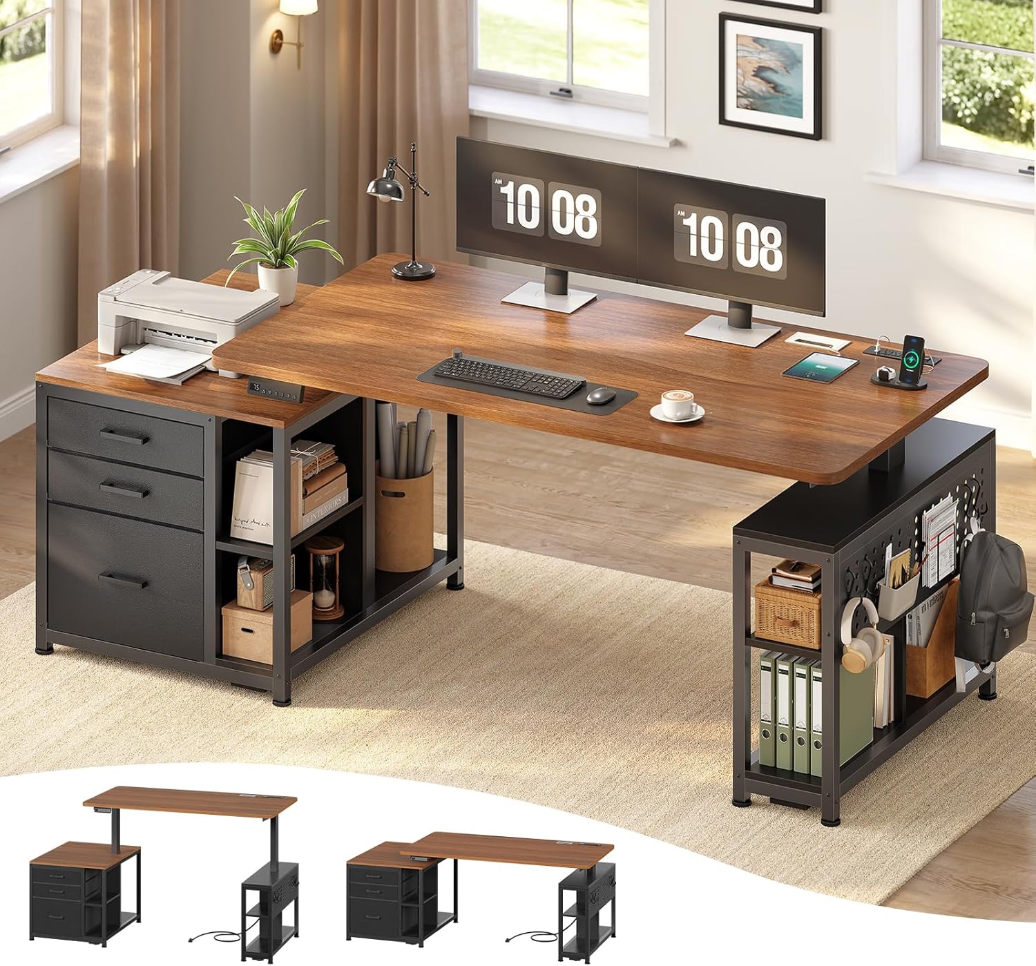 SEDETA Electric Standing Desk with 3 Fabric Drawers, 61" Height Adjustable Office Executive Desk with Storage Drawers, Stand up Computer Desk with Power Outlet for Home Office (Black + Brown)