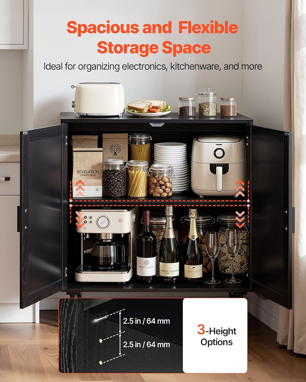 VEVOR Buffet Cabinet, Rattan Sideboard Cabinet with 2 Magnetic Doors and Adjustable Shelves, Accent Sideboard Buffet with Wooden Legs & Power Cord Hole for Hallway, Entryway, Kitchen, Black