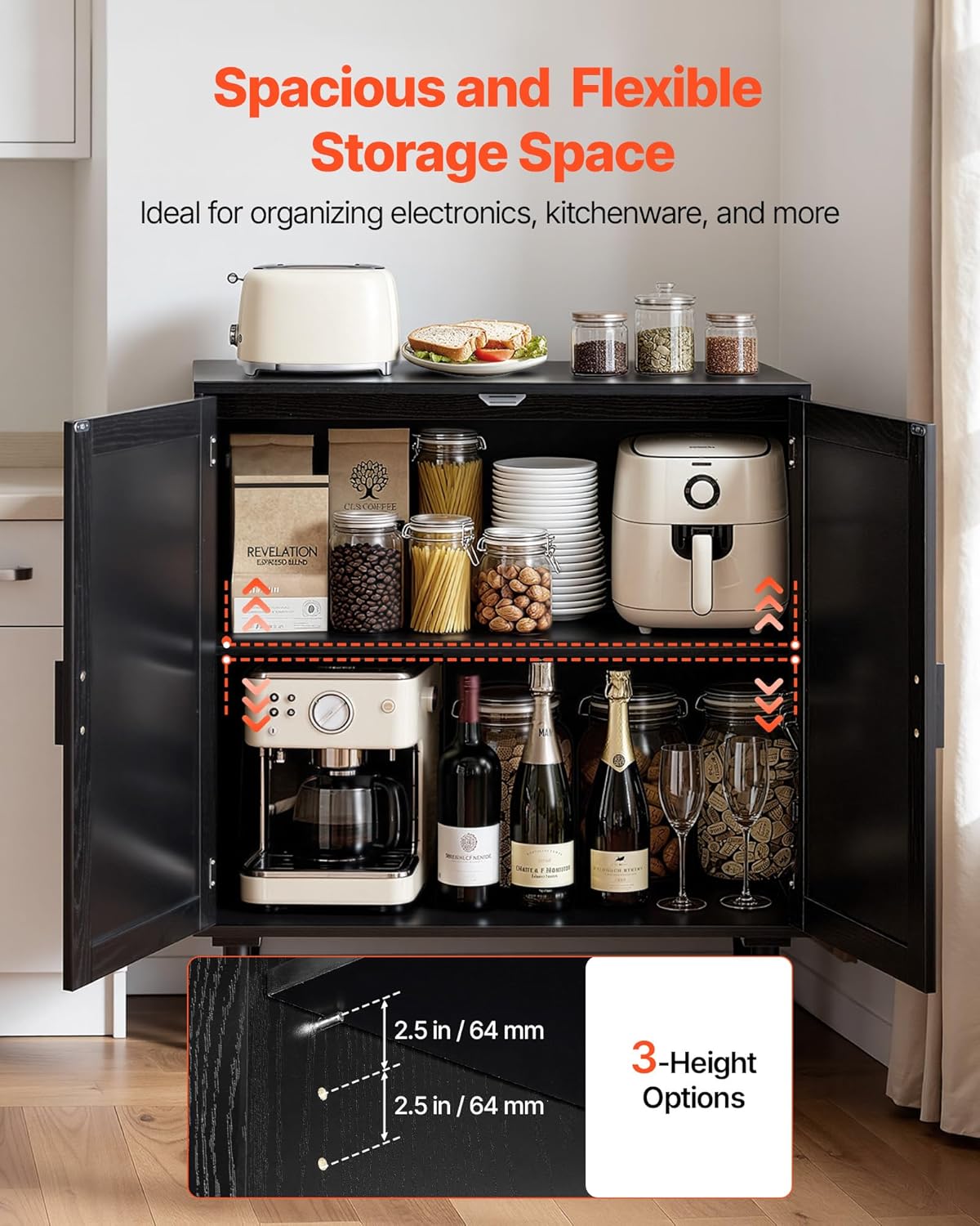 VEVOR Buffet Cabinet, Rattan Sideboard Cabinet with 2 Magnetic Doors and Adjustable Shelves, Accent Sideboard Buffet with Wooden Legs & Power Cord Hole for Hallway, Entryway, Kitchen, Black