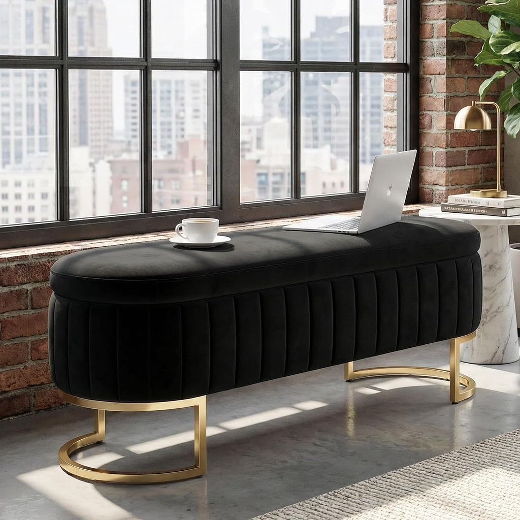 51 Inch Storage Ottoman Bench Velvet End of Bed Storage Bench King Size Upholstered Tufted Bench Large Space for Bedroom Living Room Entryway Black