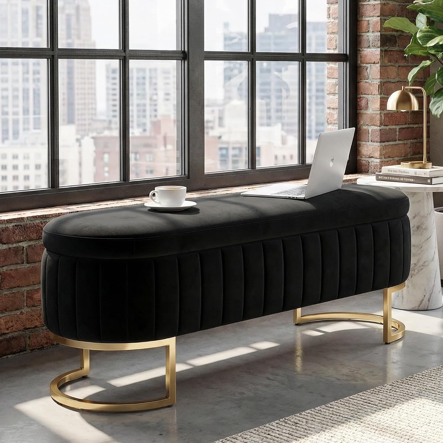 51 Inch Storage Ottoman Bench Velvet End of Bed Storage Bench King Size Upholstered Tufted Bench Large Space for Bedroom Living Room Entryway Black