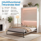 Mjkone Queen Murphy Bed, Cabinet Beds Queen Size, Modern Hidden Murphy Wall Chest Beds with Space-Saving Design, Adults Cabinet Guest Bed with 16 Colors of LED Lights for Bedroom, Apartment - White